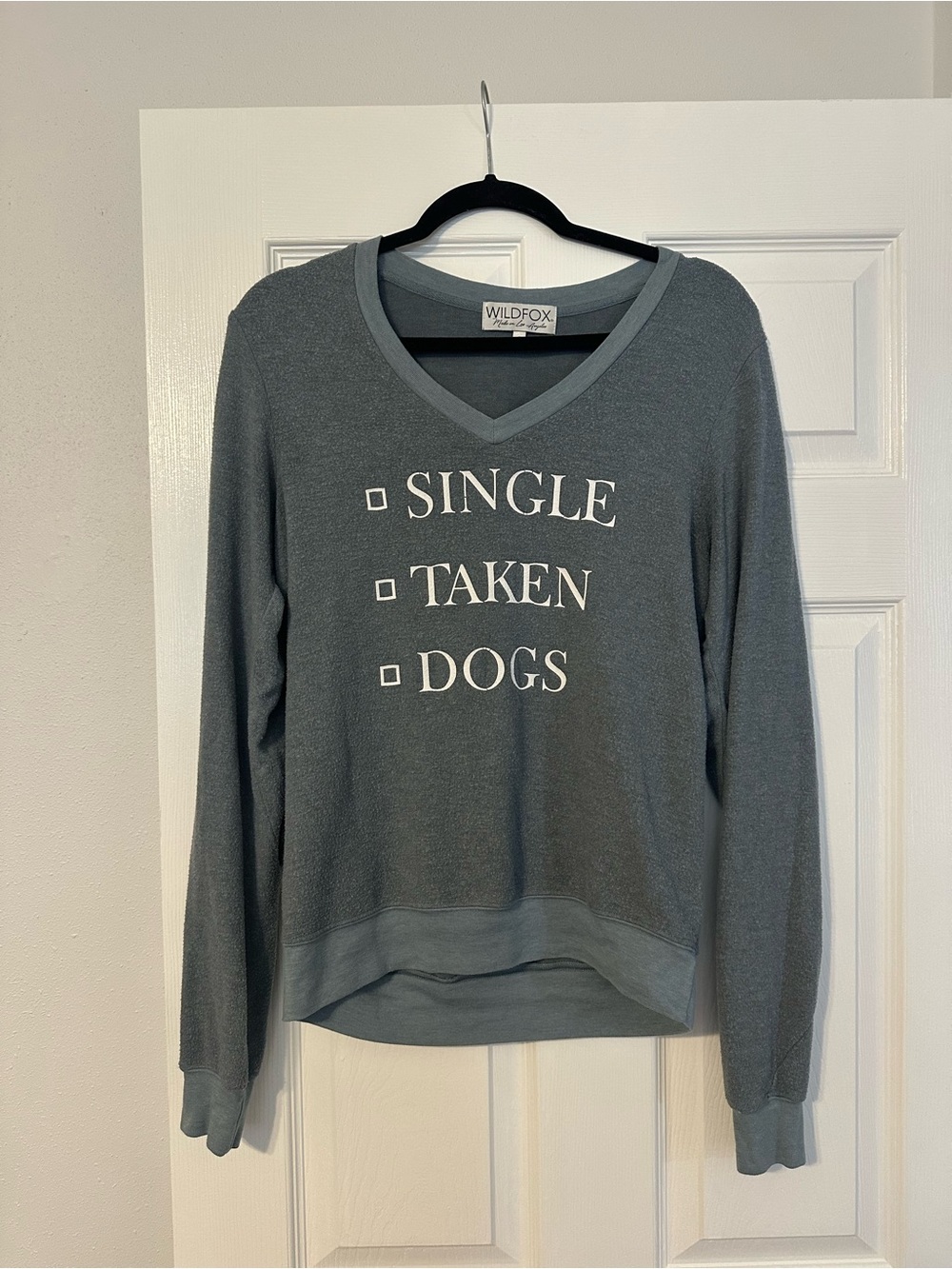 Wildfox Gray-Blue "Single Taken Dogs" V-Neck Sweater
